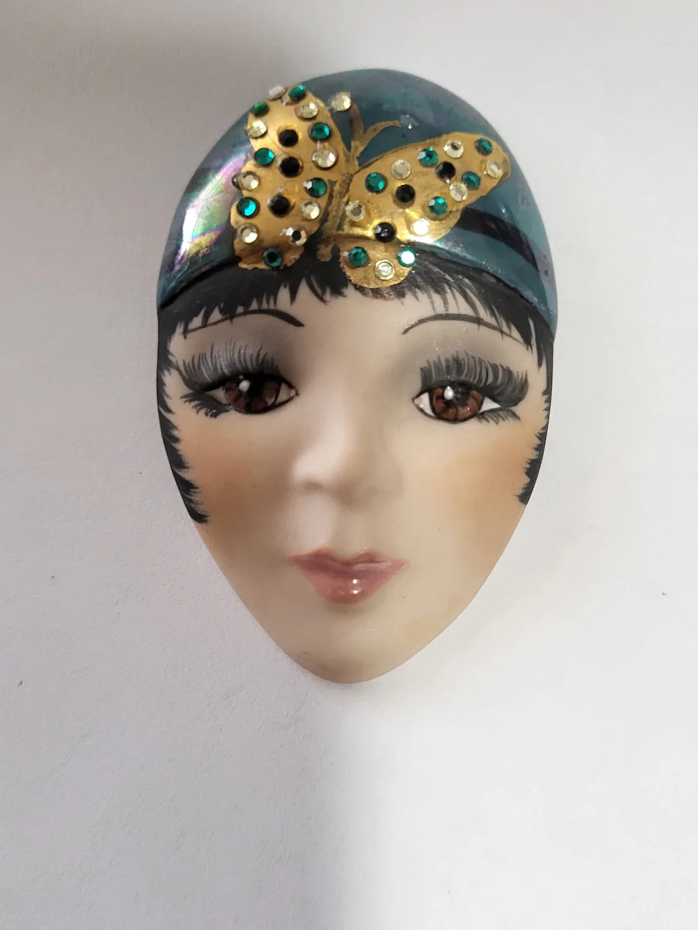 Vintage Hahdmade Porcelain Face Brooch with Gold Butterfly Accent  Made By Miray